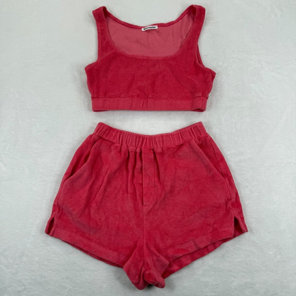 Reformation‎ Pink Terry Cloth Two Piece Set Crop Top and Shorts Womens Size S